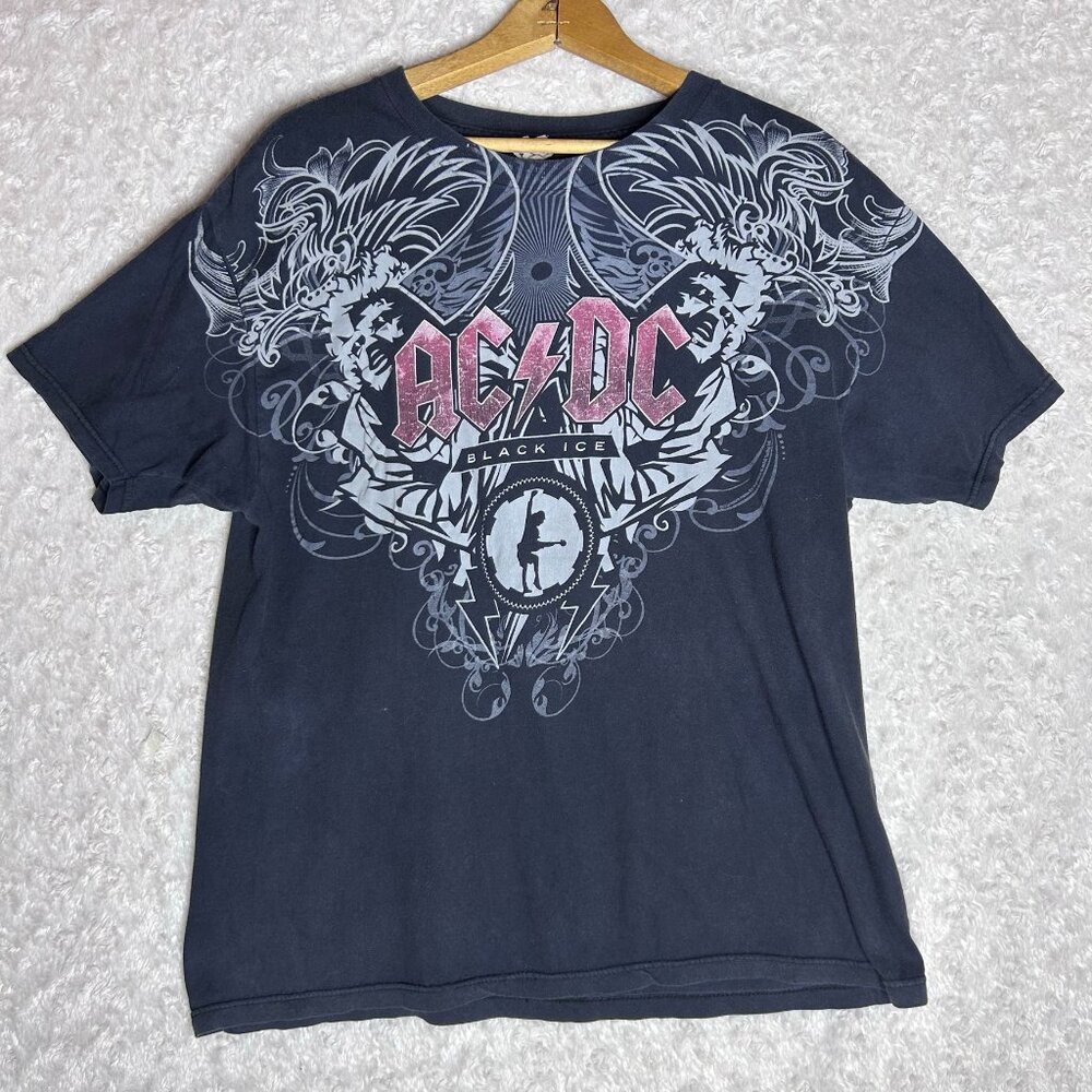 AC/DC Black Ice Tour Graphic T-Shirt Mens Large Faded Black Pink Glitter Logo
